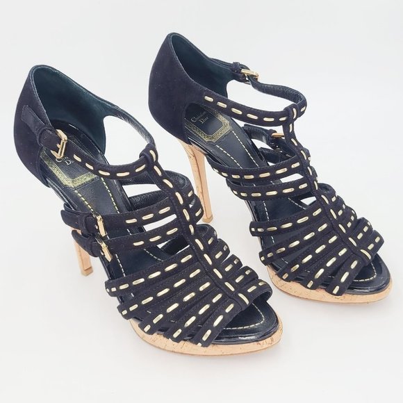Dior Black Suede Stitched ANTICA Gladiator Caged Strappy Sandals Size 37.5 - Picture 4 of 8
